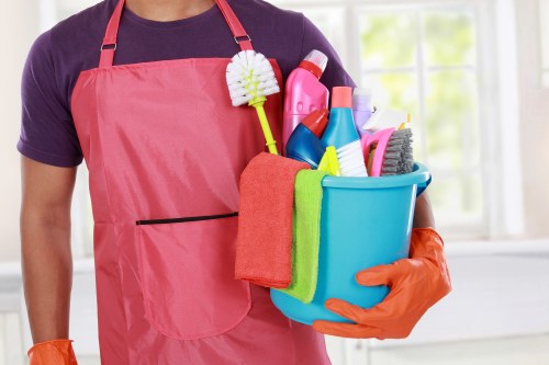 Professional technician preparing oven cleaning equipment
